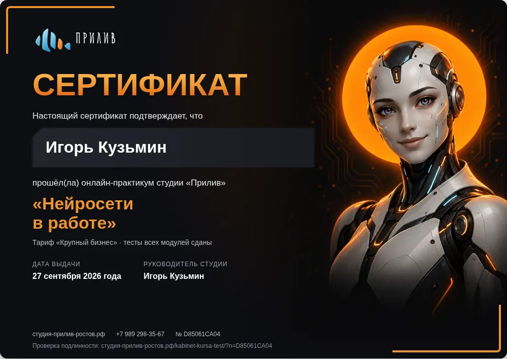 Сертификат участника практикума с номером