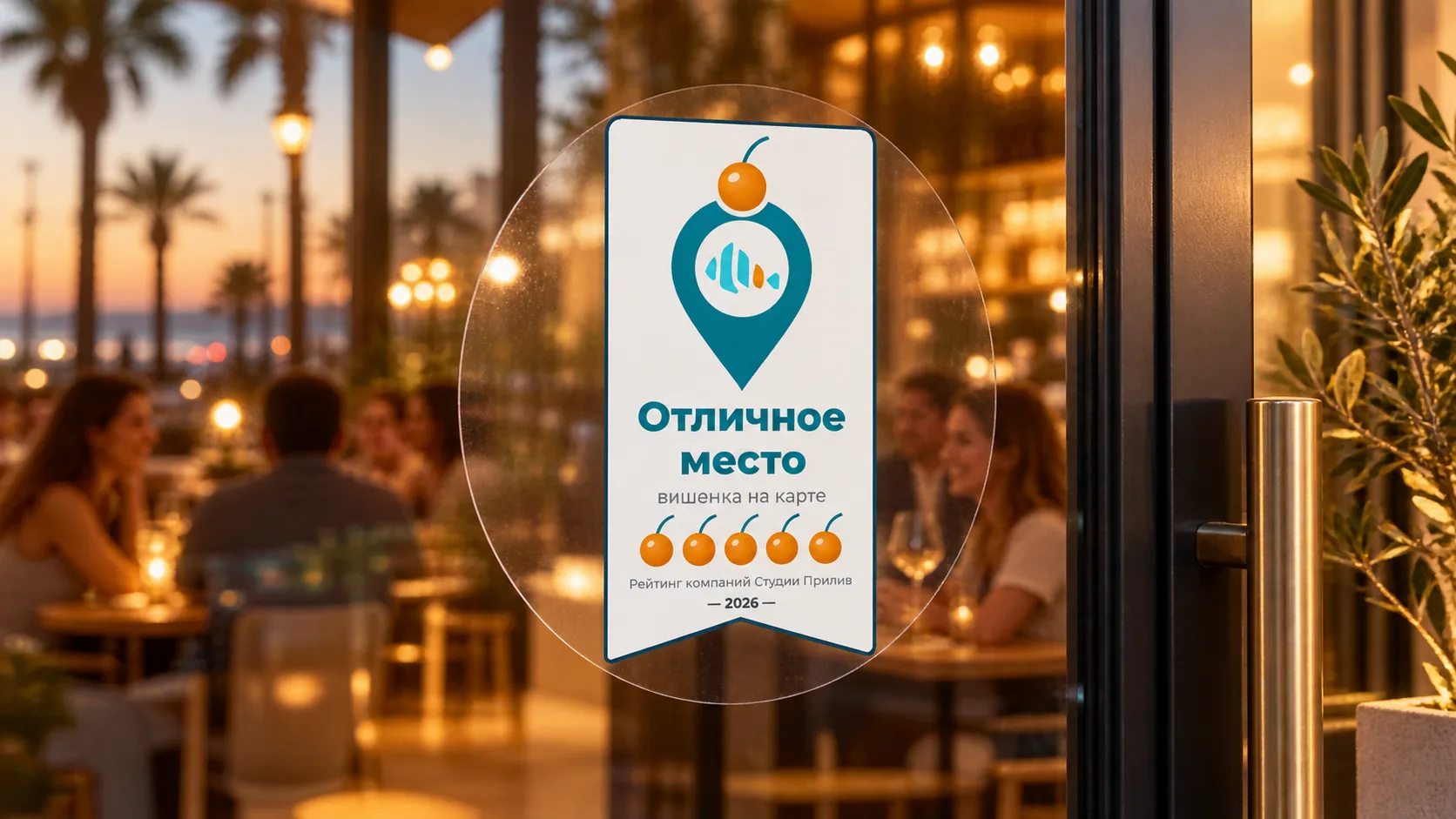 Значок «Отличное место» на двери кафе
